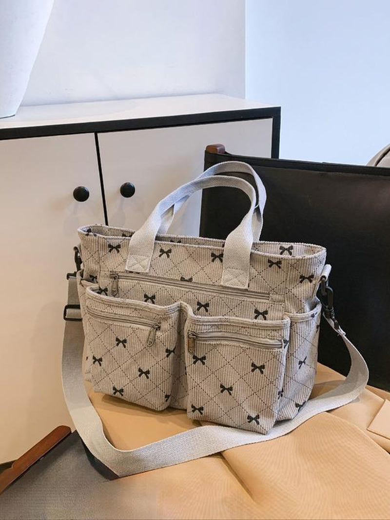 Women'S Bow Pattern Canvas Tote Bag, Fashionable Multi-Pocket Shoulder Bag for Daily Used, Casual Trendy Versatile High-Quality Daily Commuting Tote Bag for Women Unique Everyday Purse Bags, Mother'S Day Gift, Purse