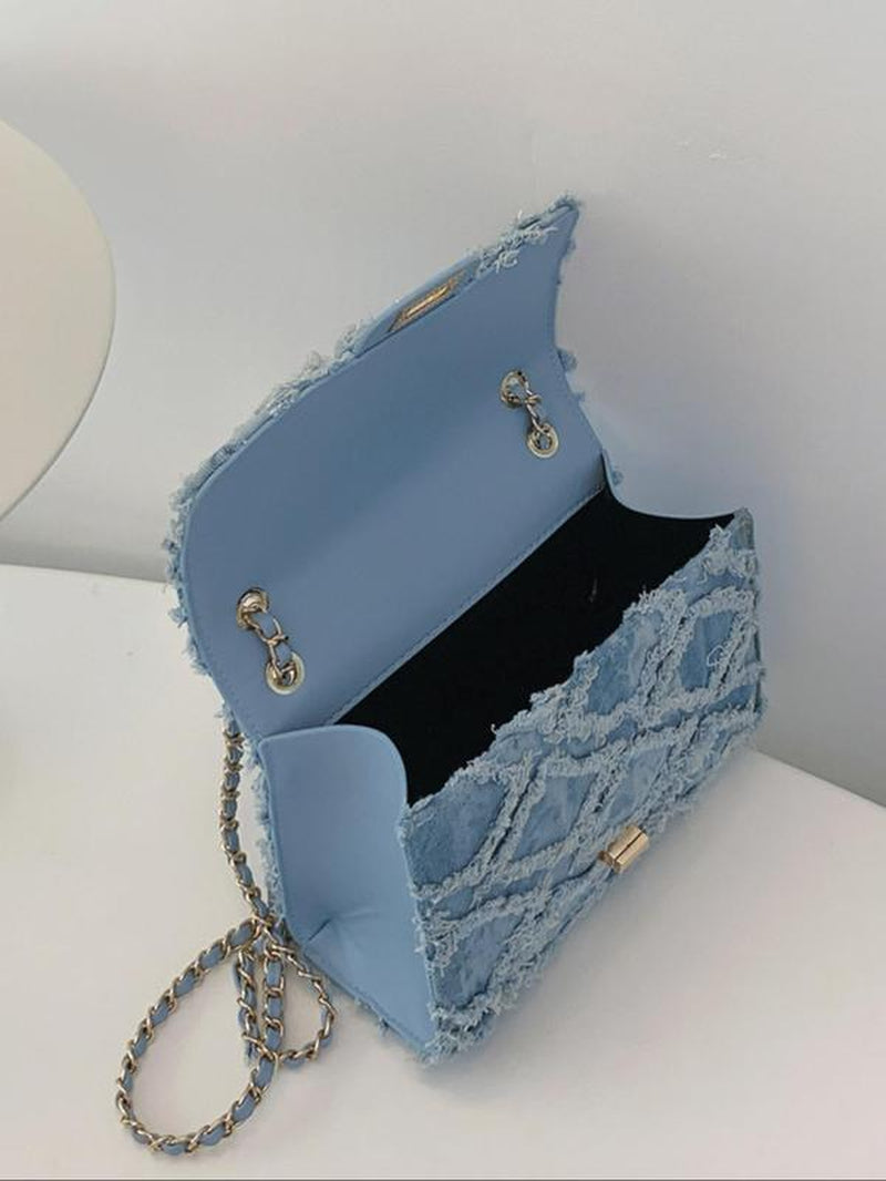 Women'S Fashionable Denim Chain Strap Shoulder Bag, Elegant Solid Color Raw Edge Handbag, Denim Bag with Chain Strap, Trendy All-Match Unique Bags for Daily Used, Ladies Purse, Everyday Bags, Mother'S Day Gift