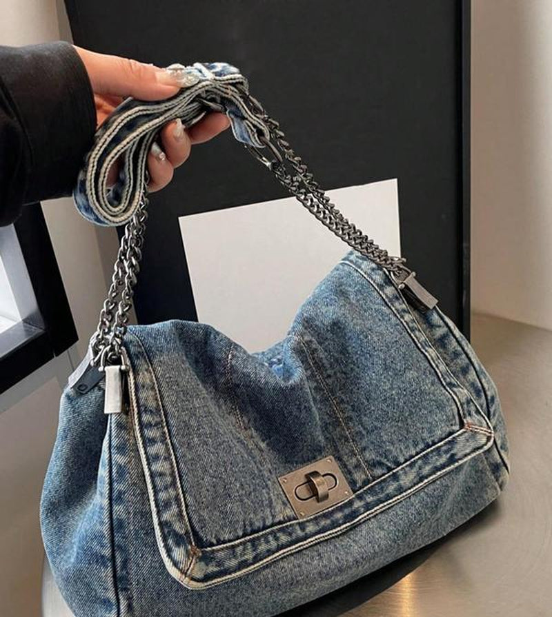 Fashion Denim Chain Purse Bag, Denim Shoulder Satchel, 2025 Casual Versatile Crossbody Bag for Women, Trendy All-Match Commuter Purse, Denim Shoulder Purse, Denim Sling Bag, Denim Handbag