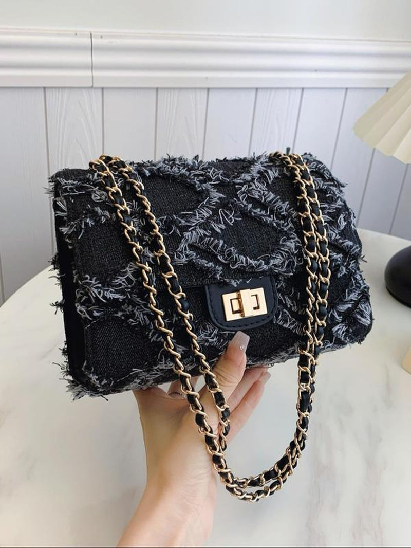 Women'S Fashionable Denim Chain Strap Shoulder Bag, Elegant Solid Color Raw Edge Handbag, Denim Bag with Chain Strap, Trendy All-Match Unique Bags for Daily Used, Ladies Purse, Everyday Bags, Mother'S Day Gift