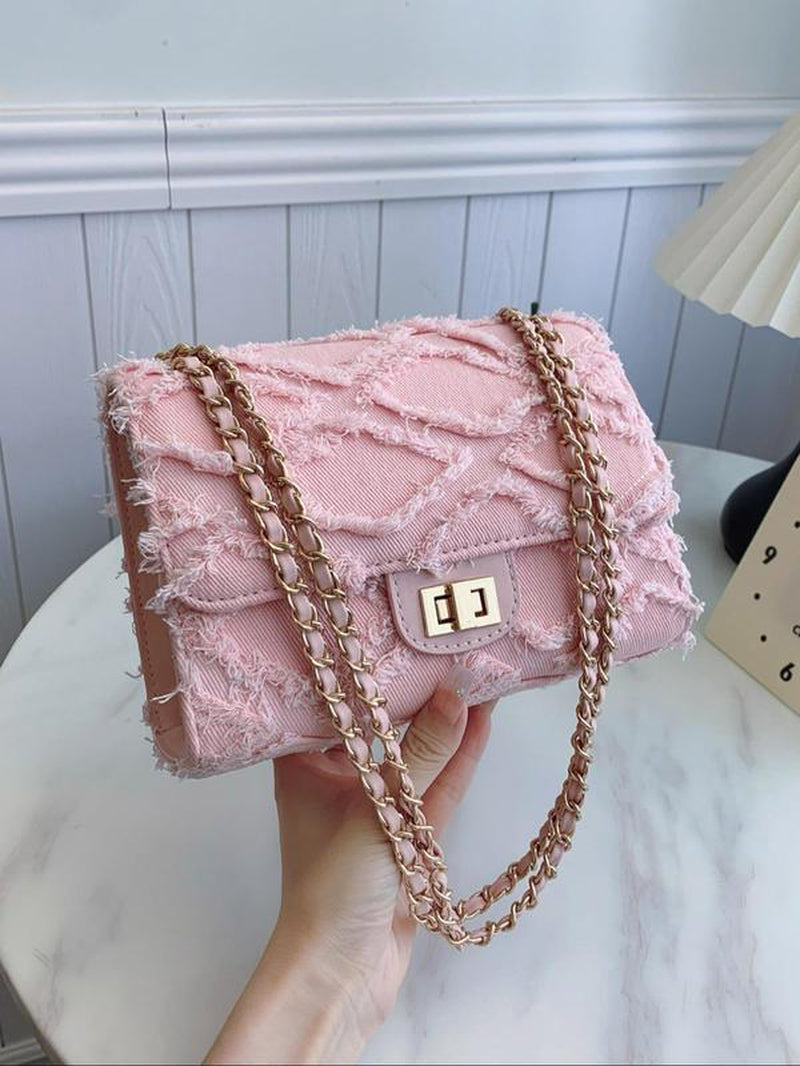 Women'S Fashionable Denim Chain Strap Shoulder Bag, Elegant Solid Color Raw Edge Handbag, Denim Bag with Chain Strap, Trendy All-Match Unique Bags for Daily Used, Ladies Purse, Everyday Bags, Mother'S Day Gift