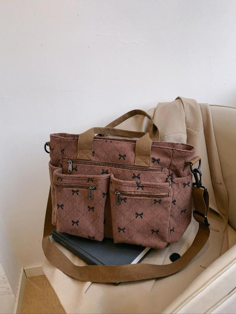 Women'S Bow Pattern Canvas Tote Bag, Fashionable Multi-Pocket Shoulder Bag for Daily Used, Casual Trendy Versatile High-Quality Daily Commuting Tote Bag for Women Unique Everyday Purse Bags, Mother'S Day Gift, Purse