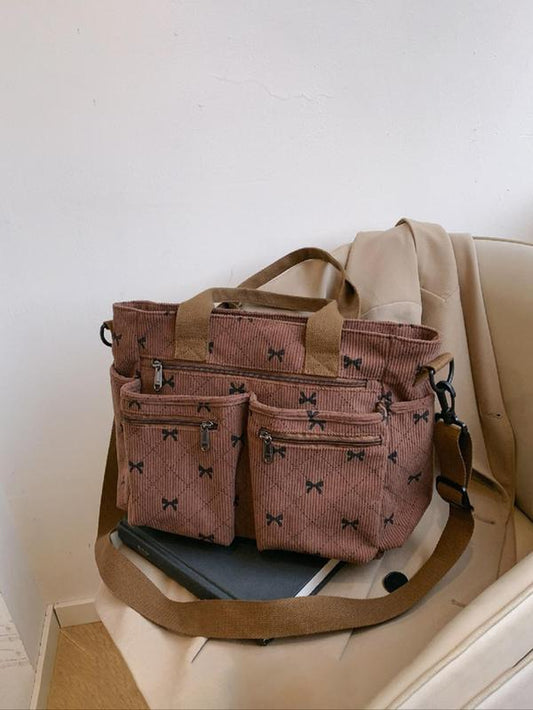 Women'S Bow Pattern Canvas Tote Bag, Fashionable Multi-Pocket Shoulder Bag for Daily Used, Casual Trendy Versatile High-Quality Daily Commuting Tote Bag for Women Unique Everyday Purse Bags, Mother'S Day Gift, Purse