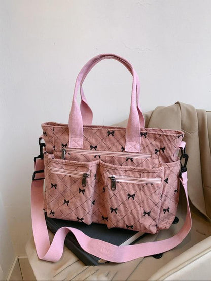 Women'S Bow Pattern Canvas Tote Bag, Fashionable Multi-Pocket Shoulder Bag for Daily Used, Casual Trendy Versatile High-Quality Daily Commuting Tote Bag for Women Unique Everyday Purse Bags, Mother'S Day Gift, Purse