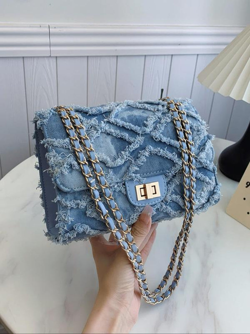 Women'S Fashionable Denim Chain Strap Shoulder Bag, Elegant Solid Color Raw Edge Handbag, Denim Bag with Chain Strap, Trendy All-Match Unique Bags for Daily Used, Ladies Purse, Everyday Bags, Mother'S Day Gift