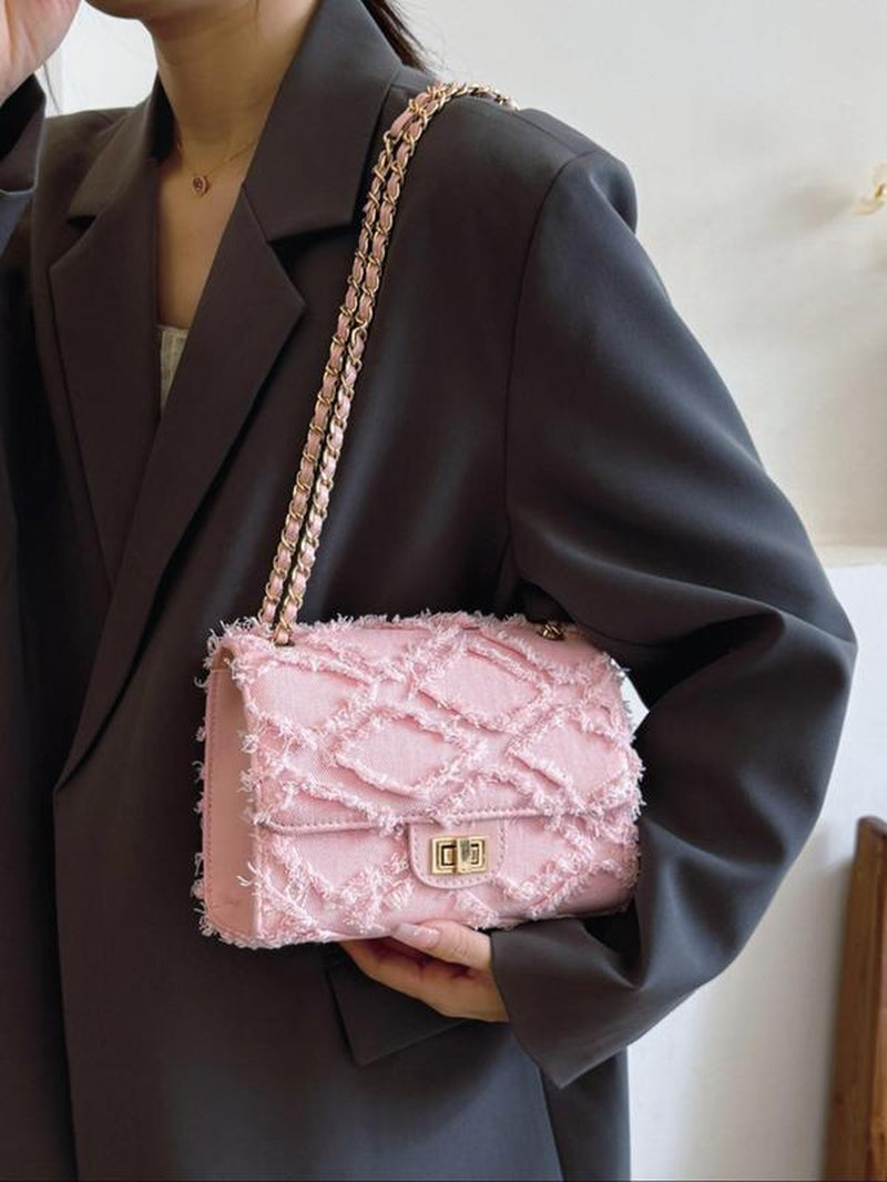 Women'S Fashionable Denim Chain Strap Shoulder Bag, Elegant Solid Color Raw Edge Handbag, Denim Bag with Chain Strap, Trendy All-Match Unique Bags for Daily Used, Ladies Purse, Everyday Bags, Mother'S Day Gift