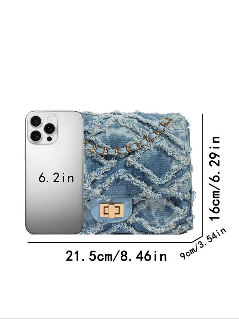 Women'S Fashionable Denim Chain Strap Shoulder Bag, Elegant Solid Color Raw Edge Handbag, Denim Bag with Chain Strap, Trendy All-Match Unique Bags for Daily Used, Ladies Purse, Everyday Bags, Mother'S Day Gift