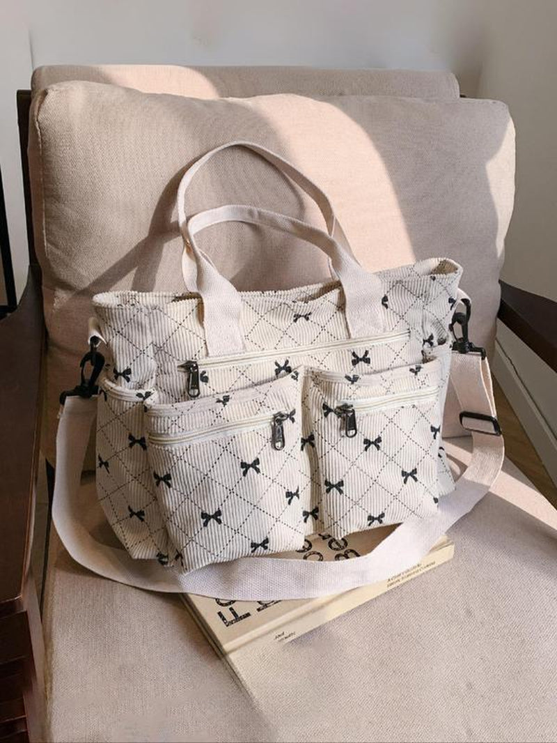 Women'S Bow Pattern Canvas Tote Bag, Fashionable Multi-Pocket Shoulder Bag for Daily Used, Casual Trendy Versatile High-Quality Daily Commuting Tote Bag for Women Unique Everyday Purse Bags, Mother'S Day Gift, Purse