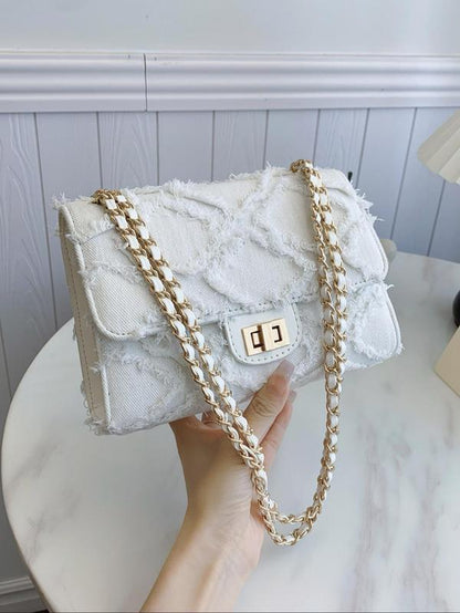 Women'S Fashionable Denim Chain Strap Shoulder Bag, Elegant Solid Color Raw Edge Handbag, Denim Bag with Chain Strap, Trendy All-Match Unique Bags for Daily Used, Ladies Purse, Everyday Bags, Mother'S Day Gift