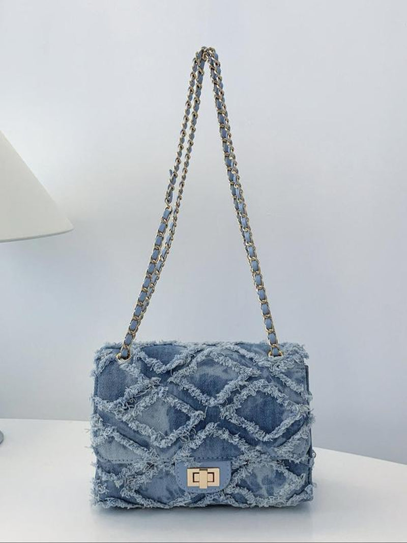 Women'S Fashionable Denim Chain Strap Shoulder Bag, Elegant Solid Color Raw Edge Handbag, Denim Bag with Chain Strap, Trendy All-Match Unique Bags for Daily Used, Ladies Purse, Everyday Bags, Mother'S Day Gift
